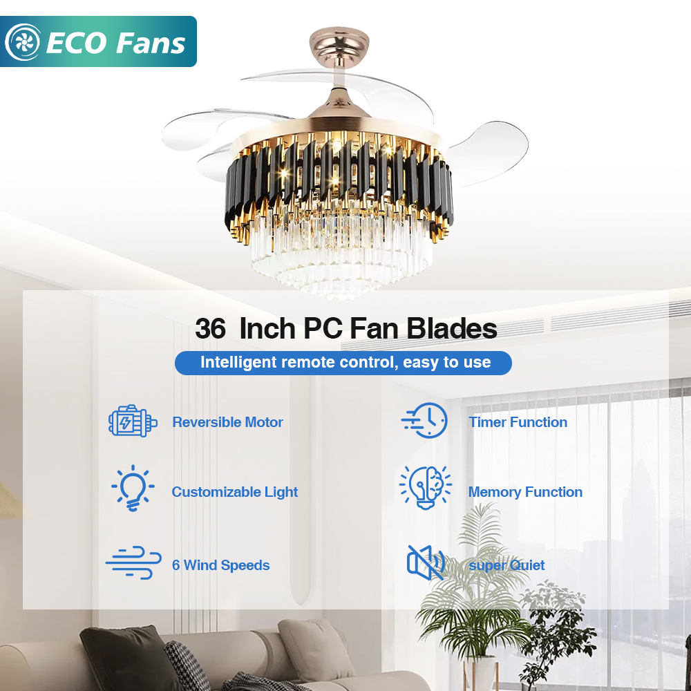 Quiet DC Invisible Crystal Ceiling Fan Lamp 6-Speed Remote Control LED 3 Blades Dimmable Modern Indoor Luxury Lighting Fixture