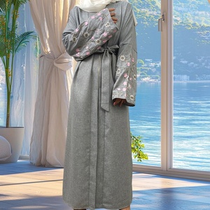 Latest Popular Linen Material Muslim Ladies Flower Embroidery With Pockets Open Abaya 3 Colors 1407# - Product Image 2