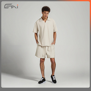 Completo estivo traspirante da <span class=keywords><strong>uomo</strong></span> in cotone leggero <span class=keywords><strong>lino</strong></span> da <span class=keywords><strong>spiaggia</strong></span> Polo T shirt e Shorts Set - Product Image 5