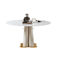 Mesa de Comedor Moderna Giratoria con Base de Piedra Blanca en Forma de Pétalo y Detalles Dorados, para 4-6 Personas, Ecológica, Resistente, Ideal para Escuelas y Restaurantes