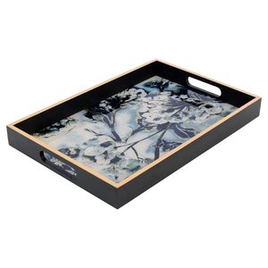 Plateau de service de cadre en <span class=keywords><strong>bois</strong></span> classique et élégant avec impression en verre UV peinture à l'huile <span class=keywords><strong>fleurs</strong></span> plateau de petit déjeuner à la maison - Product Image 1