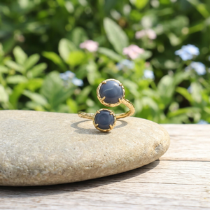 Natural blue opal gemstone <b>ring</b> double round stone glossy <b>ring</b> prong <b>set</b> designer textured gold plating <b>ring</b> for regular wear - Product Image 5