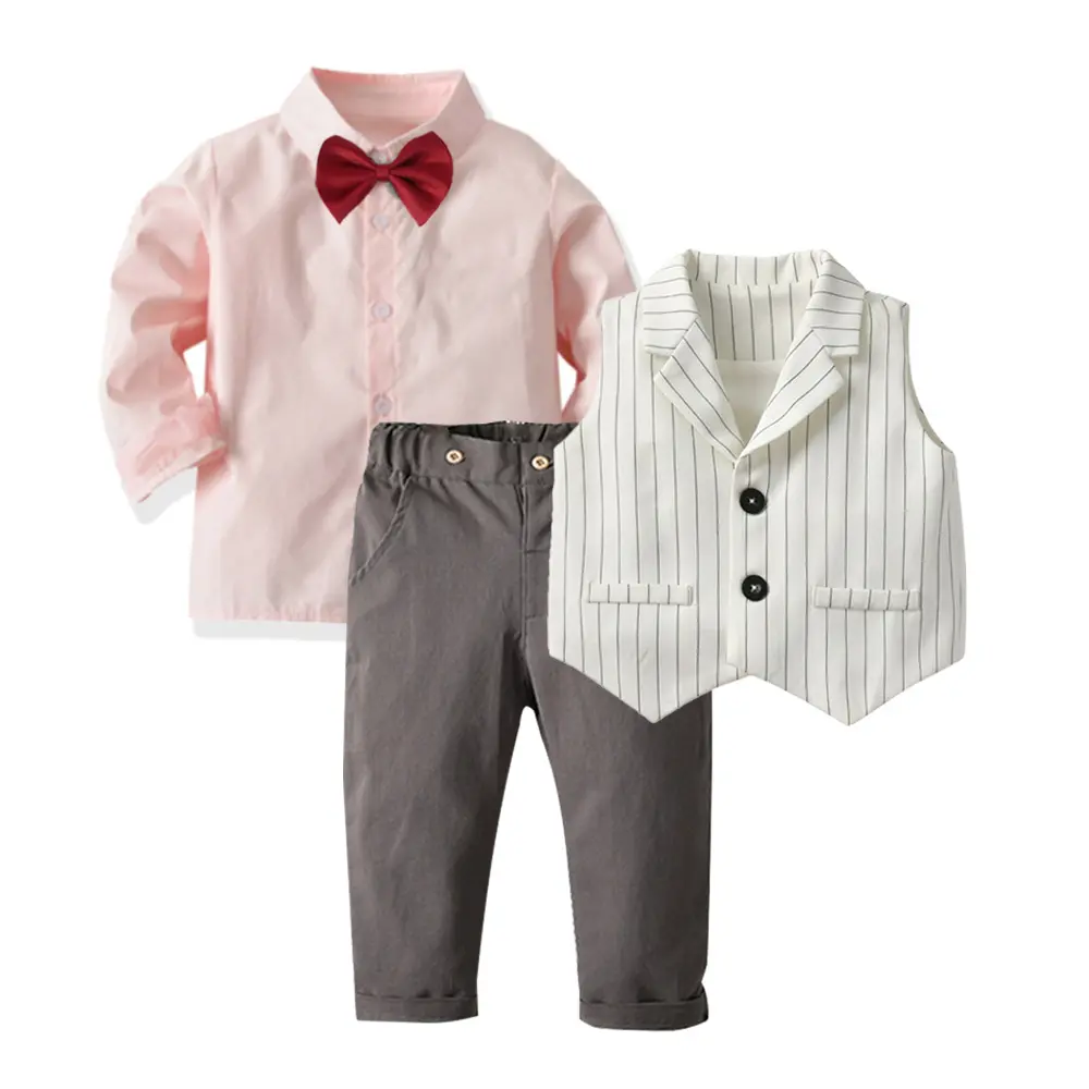 LZH बच्चा बच्चे लड़कों पोशाक सूट टाई शर्ट + धारीदार बनियान + पैंट 3pcs सज्जन आउटफिट बच्चों बच्चों के कपड़े सेट