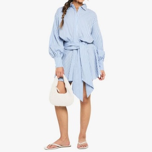 Nouvelle arrivée, robe chemise rayée légère pour femmes, robe courte ample à manches longues avec ceinture à nouer à la taille - Product Image 3
