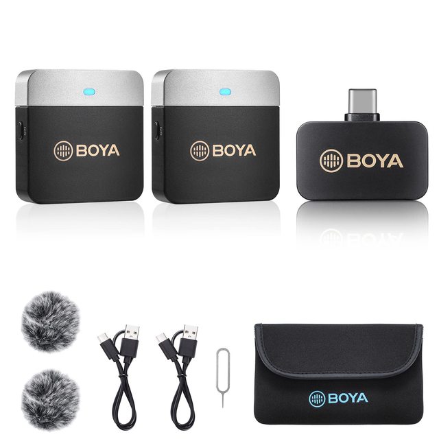 BOYA Wireless Lavalier Microphone BY-M1V2 Dual Channel Wireless Microphones for Cameras Smartphone Cordless Clip on Lapel Mic