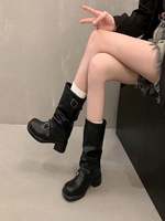 Bottes de cowgirl en daim personnalisées pour femmes, à bout carré, mi-mollet, style slouch, talon bloc épais, plateforme, avec bride à boucle, style western, vente en gros