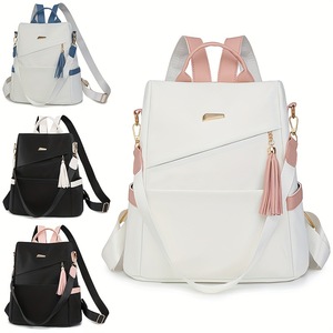 White Minimalist <b>Backpack</b> With Pink Tassel And Detachable Strap Lightweight Multi Functional All Seasons - Product Image 5