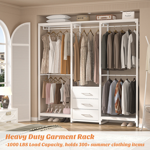 Porte-vêtements autoportant en bois robuste et moderne, étagère de rangement pour vêtements, organisateurs de placard en forme de L, grande capacité - Product Image 4