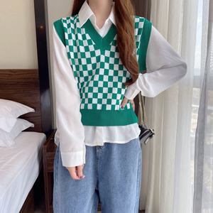 Nouveau Gilet Tricoté Plaid pour <span class=keywords><strong>Femme</strong></span>, Coupe Slim, Col en V, Court, <span class=keywords><strong>Sans</strong></span> Manches, Haut d'Extérieur, <span class=keywords><strong>Pull</strong></span> pour l'Automne, Effet Amincissant - Product Image 6