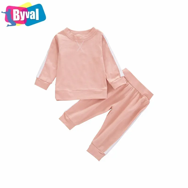 Byval Baby Boys Girls Fall Winter Clothes Long Sleeve Top + Stripes Pants Solid Color Outfit 2PC Pajama Set