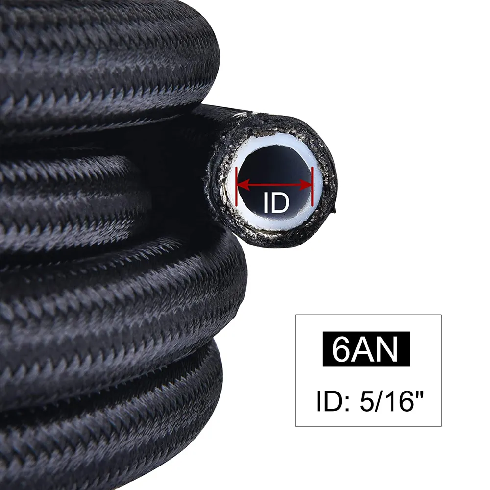 Black Nylon AN6 3/8'' E85 Fuel Hose Stainless Steel Braided PTFE High Performance Oil cooler Fuel Line 6AN
