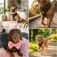 Harnais de luxe en velours côtelé pour chien avec broderie personnalisée en forme de cœur, harnais de poitrine réglable pour animal de compagnie, laisse, collier et sac banane de promenade