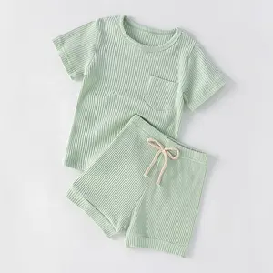 Factory price wholesale Summer Organic Cotton Baby Ribbed Set Short Pajamas Set Clothes for Babies