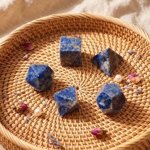 Lot de 5 figurines en pierre gemme de sodalite sculptées à la main, géométrie sacrée, solides formes platoniques, thème Amour, Gujarat – Vente en gros, durables - Product Image 1