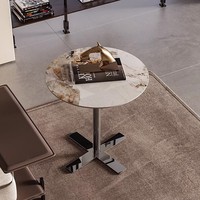 Mesa de Centro Redonda Moderna, Ecológica y Duradera, con Tablero de Piedra Sinterizada y Base de Acero Resistente para Salas de Estar Pequeñas