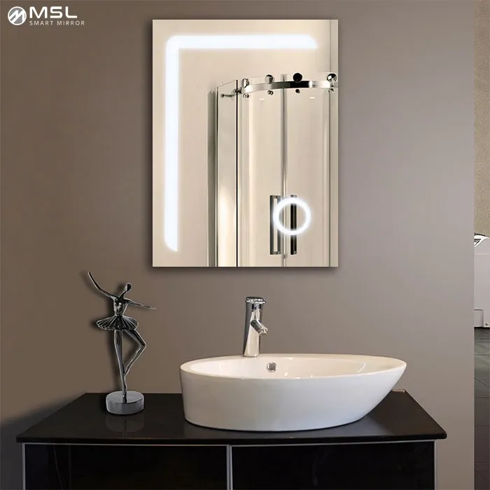 الحديثة فندق مرآة ألومنيوم مع ضوء مانع الضباب LED مرآة مضيئة الحمام الغرور مرآة مضاءة