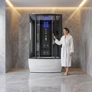 Cabine <span class=keywords><strong>de</strong></span> <span class=keywords><strong>douche</strong></span> à vapeur moderne <span class=keywords><strong>de</strong></span> luxe <span class=keywords><strong>en</strong></span> aluminium noir avec glissières <span class=keywords><strong>en</strong></span> verre trempé, LED, hydromassage et baignoire intégrée - Product Image 1
