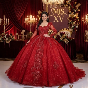 Wx450 <b>Red</b> <b>Glitter</b> Tulle Prom Dress Square Neck Long Sleeve Beaded Lace Ball Gown With Ruffle Hem Jancember - Product Image 1