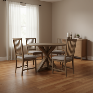 Set da pranzo in 5 pezzi in rovere anticato Wallace II, sedie con schienale a doghe, tavolo rotondo, mobili per la casa resistenti - Product Image 2