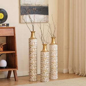 Ensemble de 3 vases décoratifs en métal, 24, 28 et 32,3 pouces, motif feuille d'or, blanc et or, grands vases sur pied pour la décoration de la maison et du salon - Product Image 4