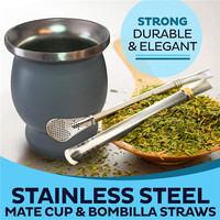 Set Premium de Mate Camionero, Taza de Mate - Taza de Té de Acero Inoxidable - Envuelta en Cuero Marrón, Hecha a Mano en Uruguay