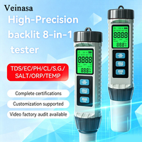 Stylo testeur de qualité de l'eau 8-en-1 XS-MF-X81 – Détecteur numérique portable TDS/EC/pH/chlore/S.G./sel pour analyse de l'eau domestique