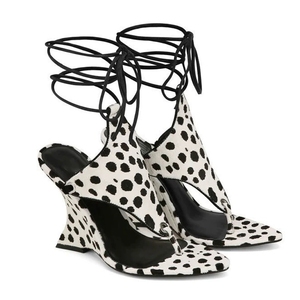 Sandalias de tacón de cuña personalizadas de moda para mujer, con punta en pico, con correa de encaje, sandalias de tacón alto de gamuza - Product Image 5