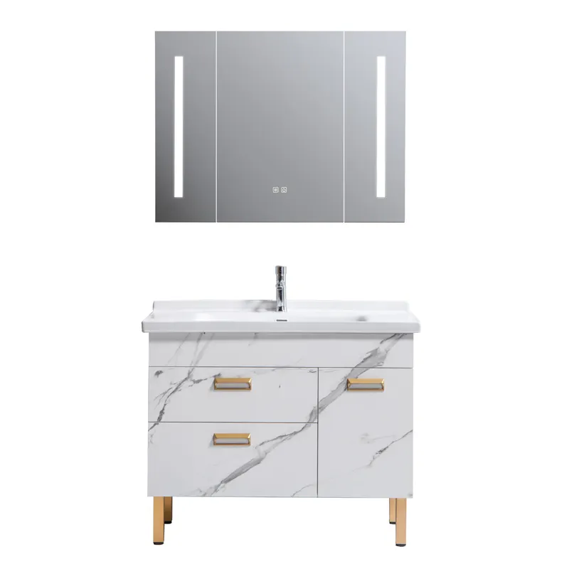 Floor Mounted White Carrara Marble Color Plywood Bathroom Cabinet Single Sink Ceramic Bathroom Vanity with Mirror Cabinets