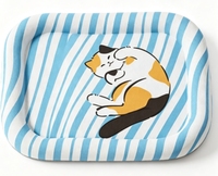 Tapis rafraîchissant pour animaux de compagnie en soie glacée rayé bleu et blanc, avec rebord intégral, imprimé chat de dessin animé, doux et lavable, pour lit de chat et chien