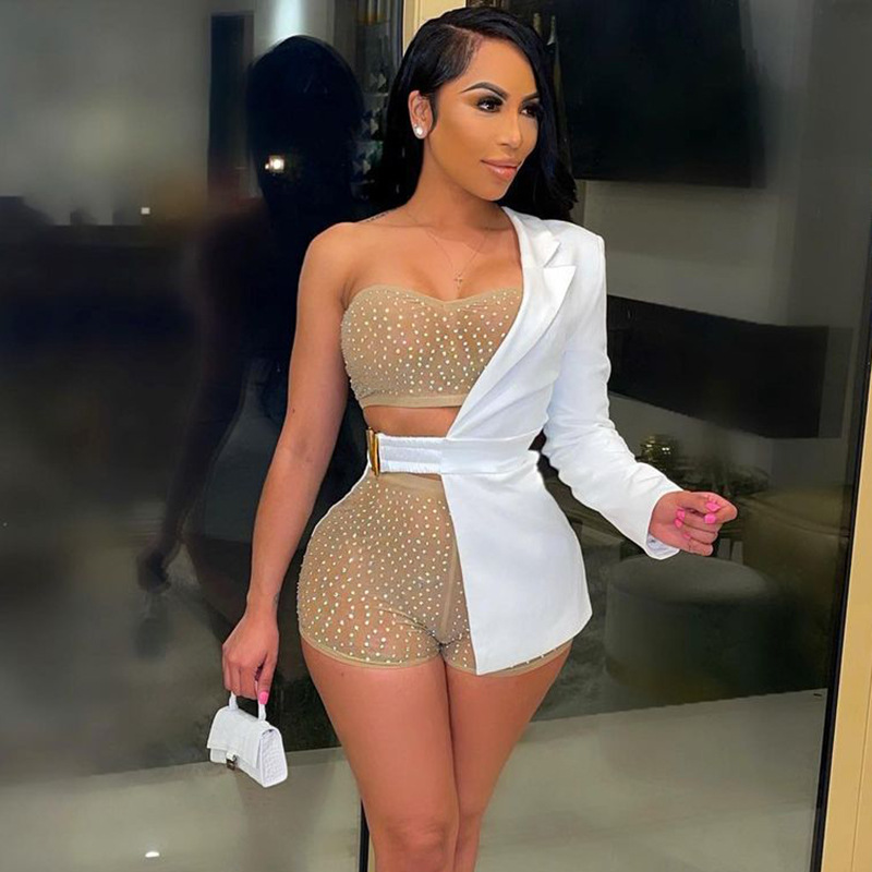 2021 Summer New Style Unilateral Lapel Long Sleeve Belt Irregular Girl Jacket Top Women Newest Design White Elegant Lady Coat