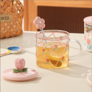 Tazza da caffè in vetro <span class=keywords><strong>tulipano</strong></span> rosa tazza resistente al calore per la colazione latte tazza da tè con coperchio in ceramica cucchiaio in acciaio inossidabile - Product Image 3