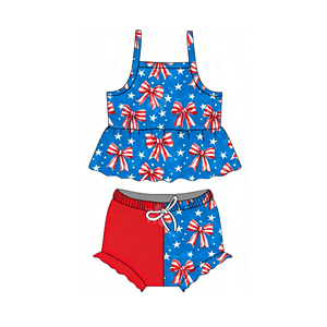 GBO0510 Conjunto de Ropa Casual Personalizado Sin Pedido Mínimo para Niña Pequeña, Estampado a Cuadros Rojos con Lazos Azules, Blusa sin Mangas y Pantalones Cortos, Venta al Por Mayor - Product Image 2