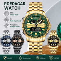 Jam Tangan Digital Pria Poedagar E122, Jam Tangan Quartz Analog-Digital Sport, Anti Air, Stainless Steel, dengan Lampu, untuk Pria
