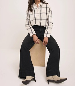 Camicia a Quadri in Cotone Crema da <span class=keywords><strong>Donna</strong></span> - Manica Lunga con Bottoni per Ufficio o Uso Casual - Product Image 4
