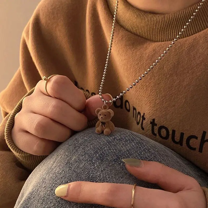 Cute Plush Bear Pendant Necklace for Girls Women Korean Fashion Bear Long Sweater Neck Chain Necklaces Collar Jewelry