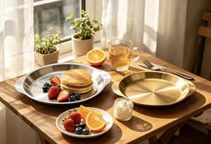 Plateau rond en acier inoxydable épaissi FLEY avec poignée, design doré, plateau de service, plateau à fruits, plateau à gâteaux, hôtel, restaurant - Product Image 3