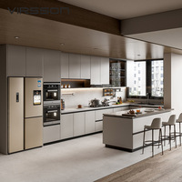 Ensembles de meubles de cuisine modulaires en PVC, personnalisables, prêts à assembler, avec robinet en marbre blanc, évier en panneau mélaminé, pour usage commercial