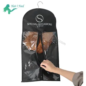 Bolsa de embalaje de peluca no tejida con logotipo personalizado bolsa de lujo para extensiones de cabello bolsa de almacenamiento de cabello de plástico PVC impresa con percha