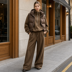 Women's Heavyweight Fleece Sweatshirt Set Puffer <b>Vest</b> and Wide Leg Pants Winter Streetwear Tracksuit - Product Image 5