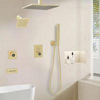 Système de douche moderne à double tête en laiton avec affichage LED, robinet, pomme de douche 10 et 6 pouces, 4 fonctions, finition or brossé