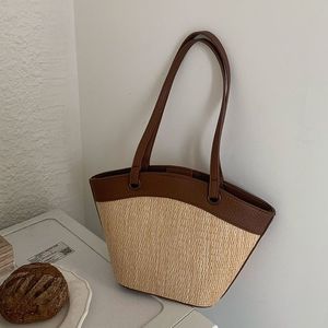 Bolso Tote de Paja Retro Francés para Mujer, Color Marrón Albaricoque Sólido, Tejido, con Cierre Magnético, Verano 2023, para Uso Diario - Product Image 1