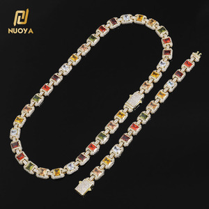 NUOYA 12mm メンズ ヒップホップ キューバンチェーンネックレス カラフルな宝石 カスタマイズ可能 キラキラ輝くバゲットダイヤモンド キューバンチェーンジュエリー ギフトに最適 - Product Image 2