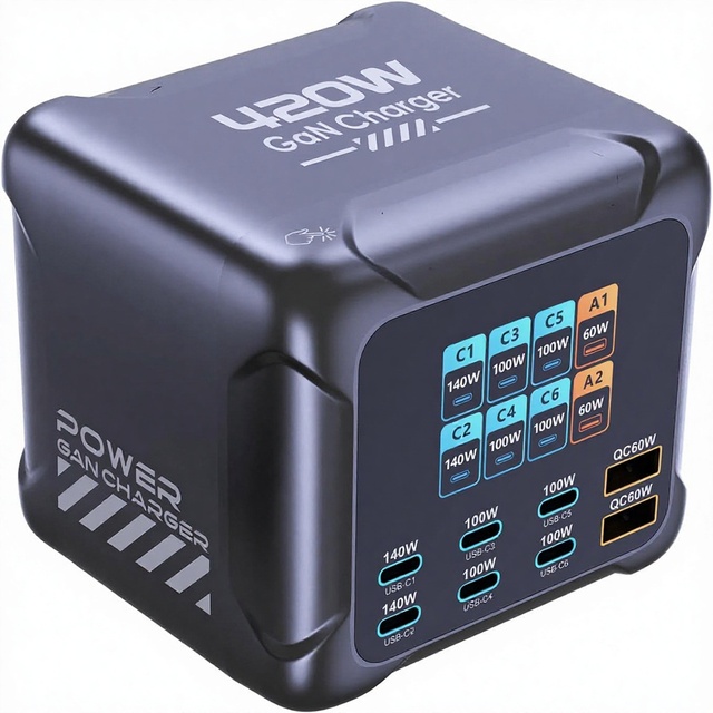 Ubigbuy 420W GaN 8-Port USB-C Charging Station Touch Control LCD Display 6 USB-C (2140W + 4100W) 2 USB-A (60W) Short Circuit