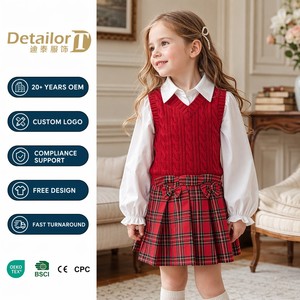Conjunto de 3 Piezas para Bebés y Niñas Pequeñas, <span class=keywords><strong>Camisa</strong></span> Blanca de Manga Larga, Chaleco Rojo, Falda a Cuadros, Atuendo Informal para Festivales, Transpirable, en Existencia - Product Image 1