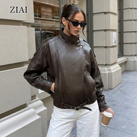 Veste en cuir marron courte pour femme, veste en cuir PU texturé, coupe ample