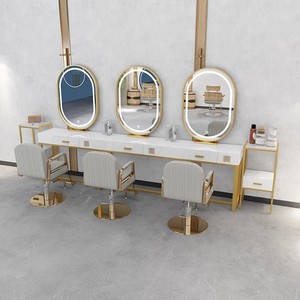 Mesa de tocador de diseño simple con luz Led, espejo de maquillaje, espejo ovalado, mesa <span class=keywords><strong>Rectangular</strong></span>, estación de espejo para peluquería - Product Image 2