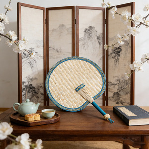 Abanico de paja tejido a mano de 10.0-12.9 pulgadas con esqueleto de caña de paja, plegable, manual, para verano, para niños y bebés - Product Image 1