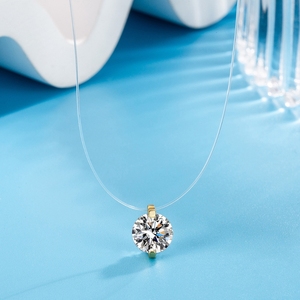 Collier ras du cou tendance avec pendentif solitaire en zircone cubique (CZ) rond, chaîne transparente en fil de pêche, bijou cadeau pour femme - Product Image 4