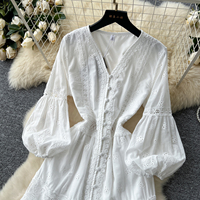 Robe en dentelle brodée à découpes douces - Robes longues cintrées à la taille pour femmes décontractées