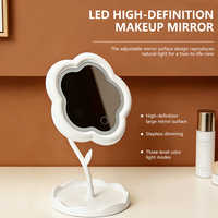 Miroir de maquillage LED de table en forme de fleur rose et blanche CF avec base de rangement, éclairage tactile à intensité variable, miroir cosmétique lumineux pour cadeau